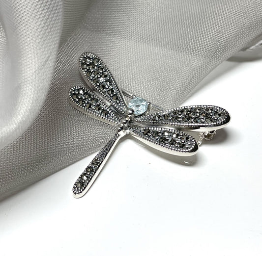 Marcasite and blue topaz dragonfly brooch sterling silver