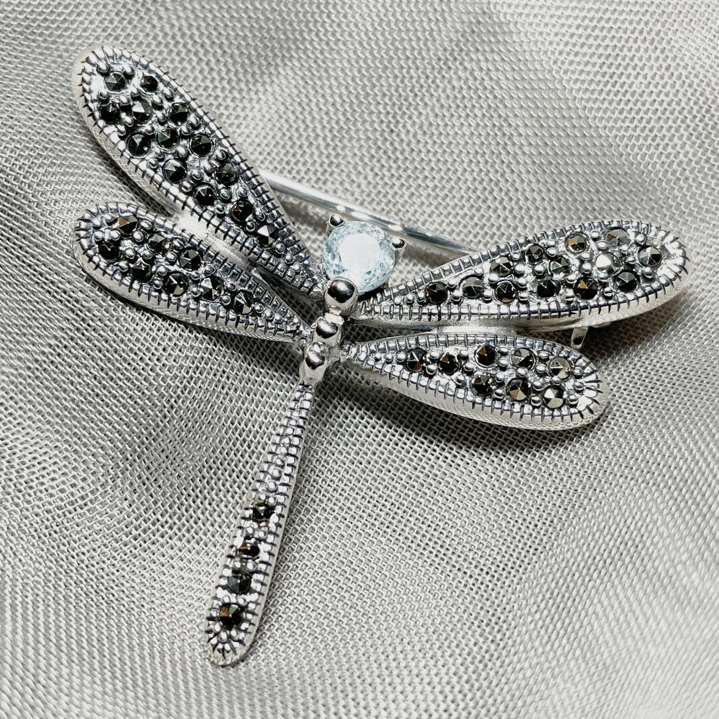 Marcasite and blue topaz dragonfly brooch sterling silver
