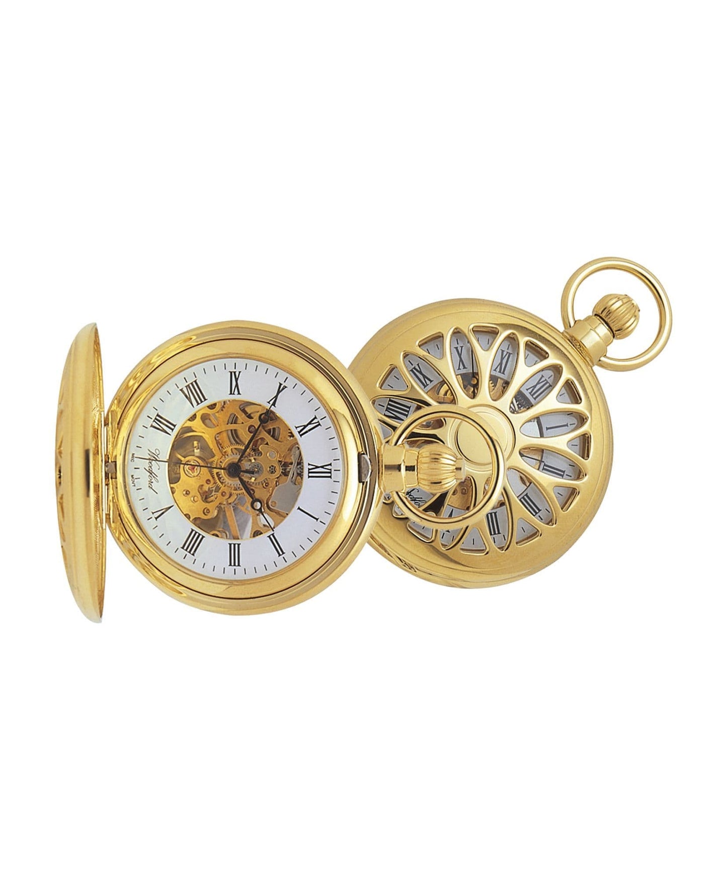 Mechanical Gold Plated Patterned Half Hunter Pocket Watch With Chain