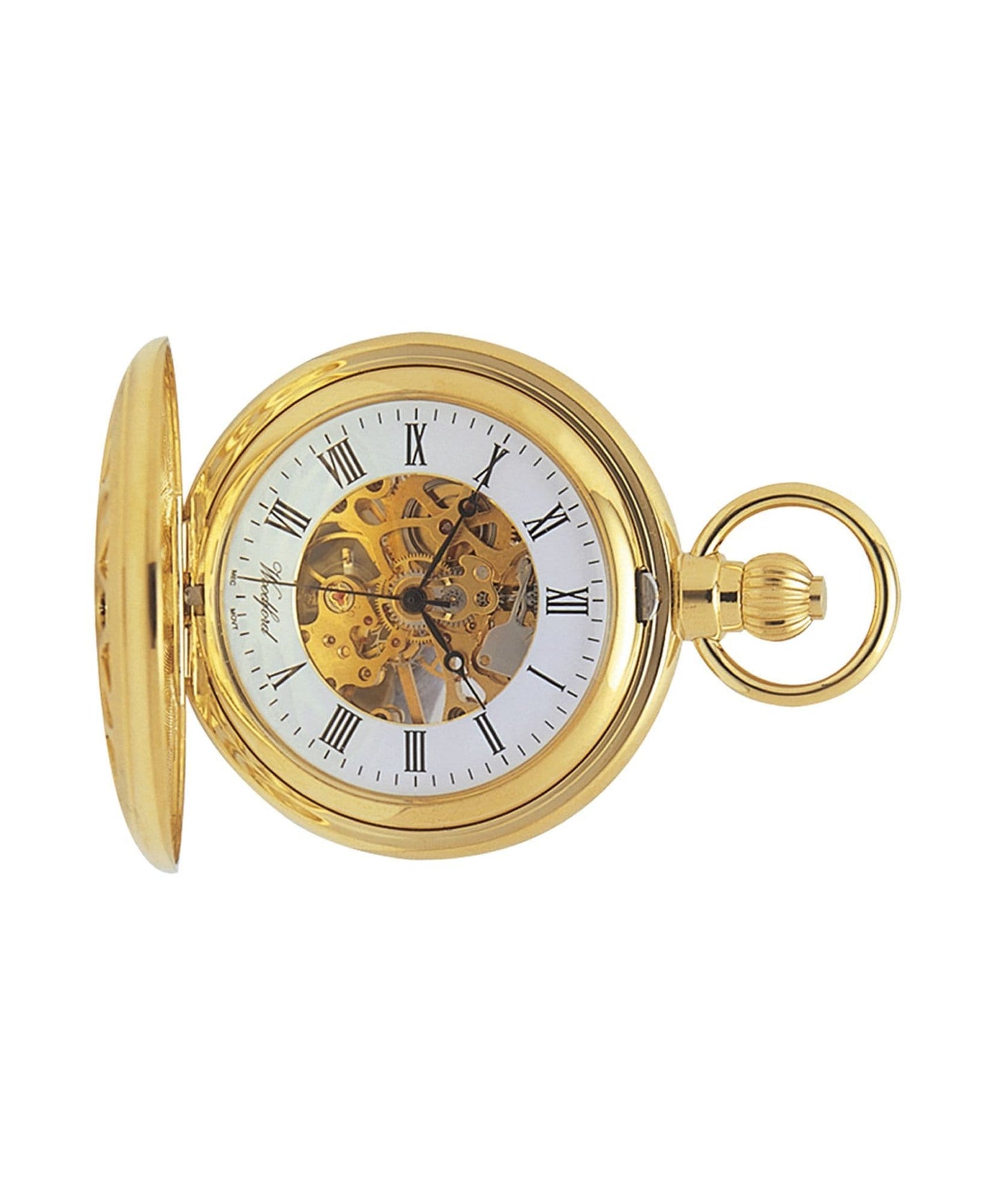Mechanical Gold Plated Patterned Half Hunter Pocket Watch With Chain