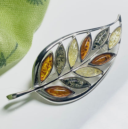 Multicoloured Silver Amber Leaf Brooch