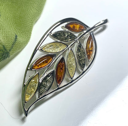 Multicoloured Silver Amber Leaf Brooch