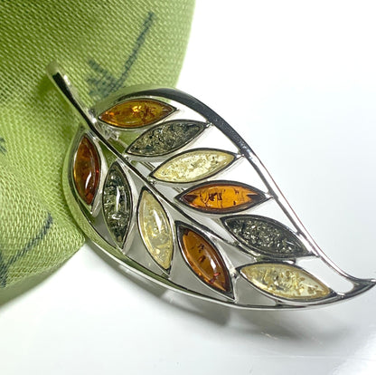 Multicoloured Silver Amber Leaf Brooch