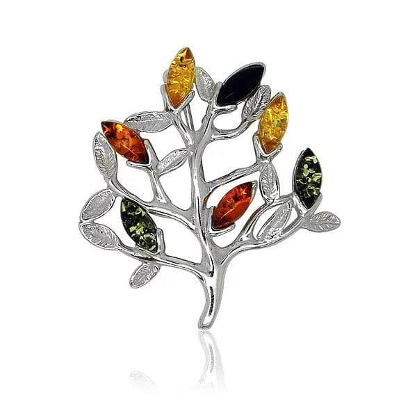 Multicoloured Silver Amber Tree Of Life Brooch