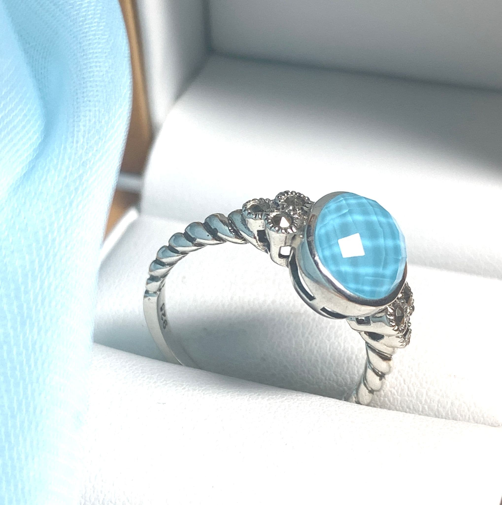 Oval Blue faceted Turquoise Sterling Silver Ring With Marcasite