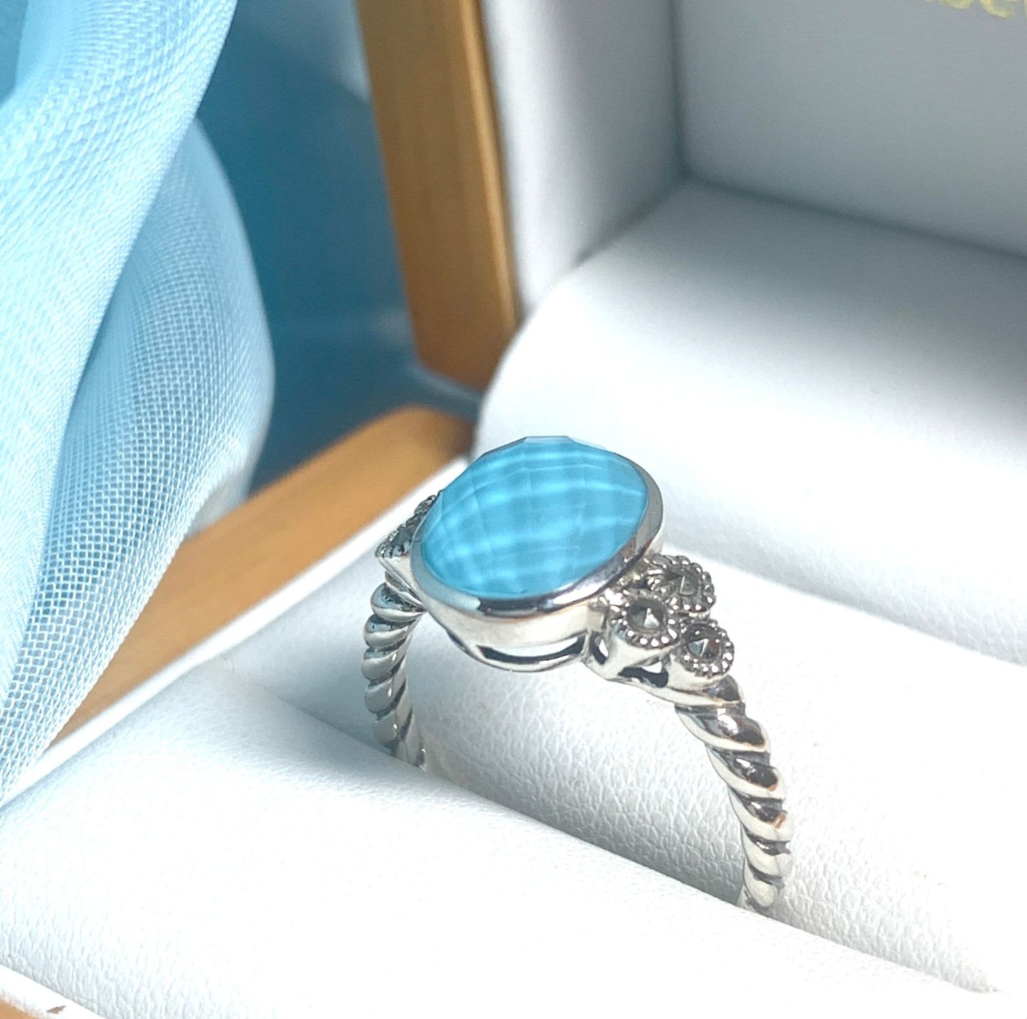 Oval Blue faceted Turquoise Sterling Silver Ring With Marcasite Shoulders