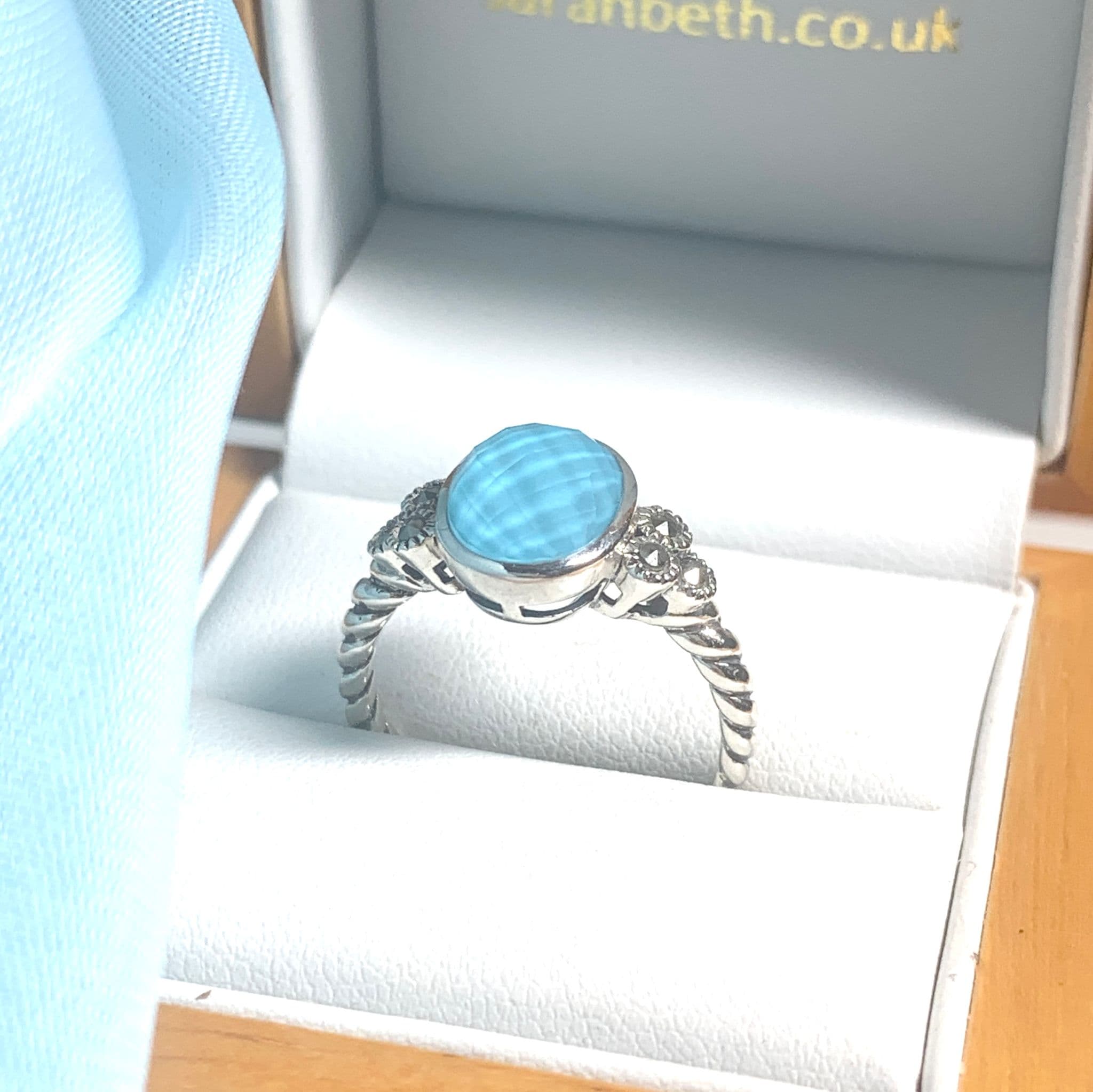 Oval Blue faceted Turquoise Sterling Silver Ring With Marcasite