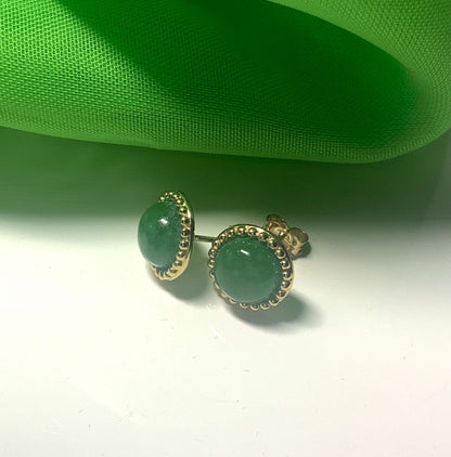 Patterned Green Jade Round Yellow Gold Stud Earrings