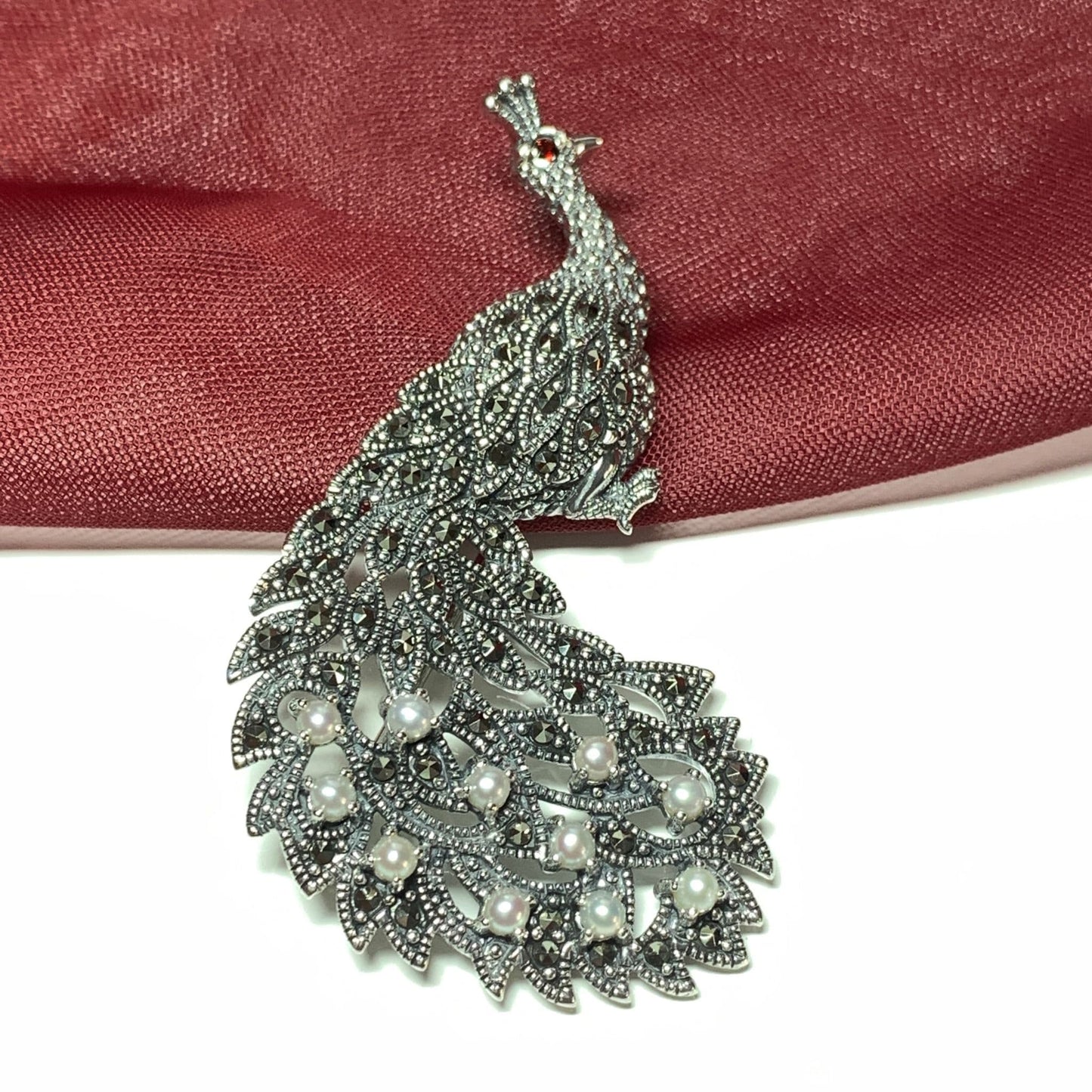 Peacock Sterling Silver Freshwater Pearl and Marcasite Brooch