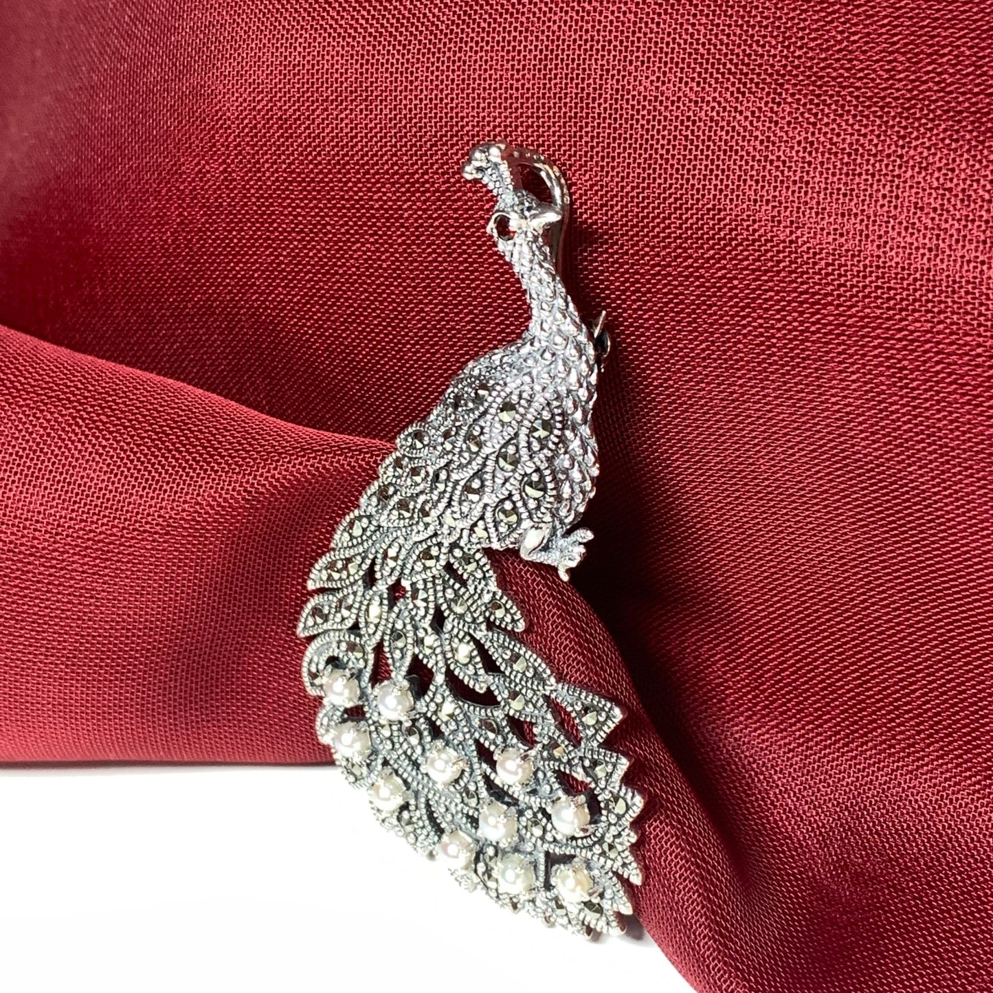 Peacock Sterling Silver Freshwater Pearl and Marcasite Brooch