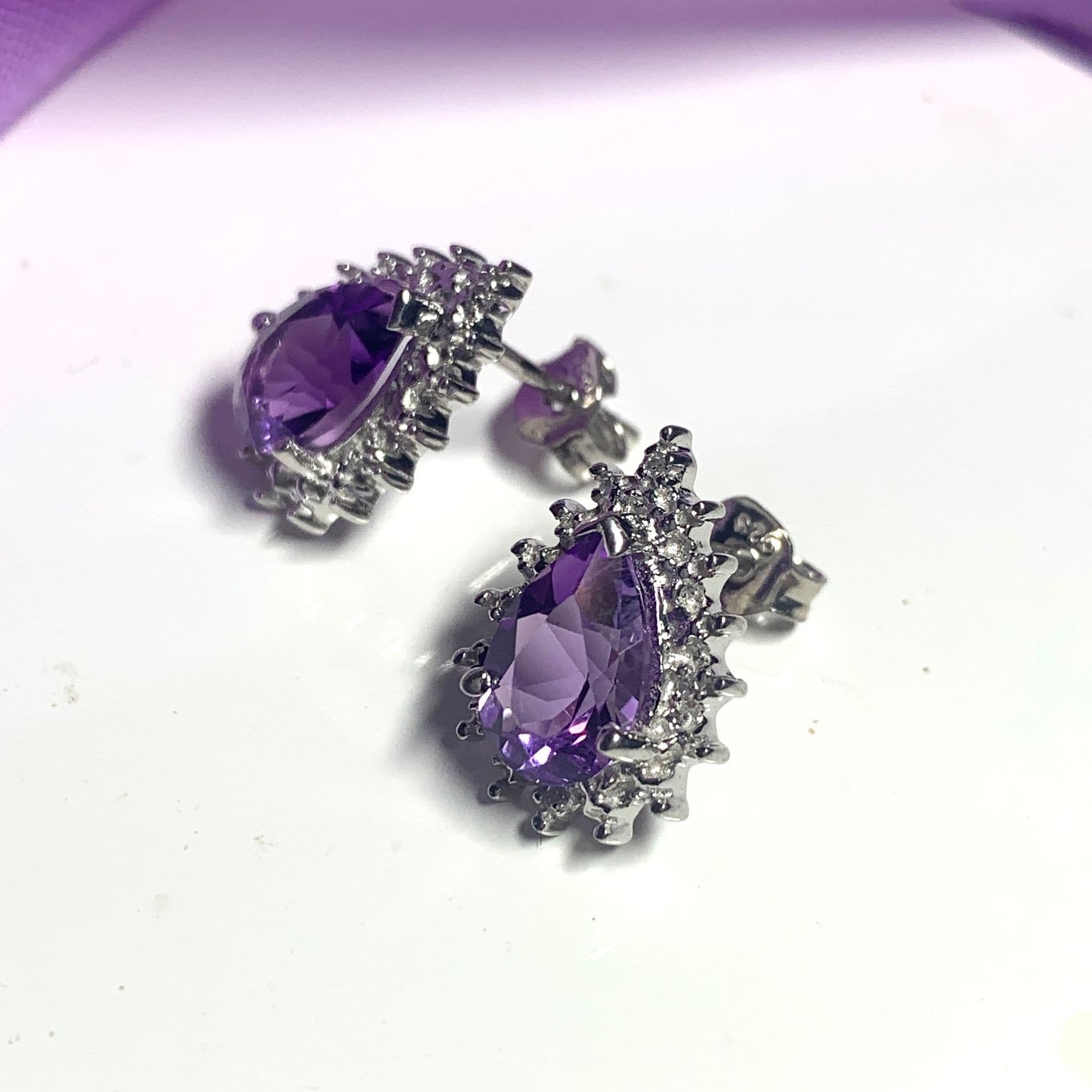 Pear shaped purple amethyst and diamond sterling silver cluster stud earrings