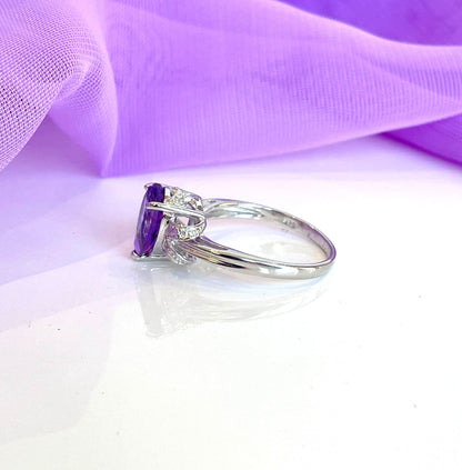 Pear shaped purple amethyst and diamond sterling silver dress ring