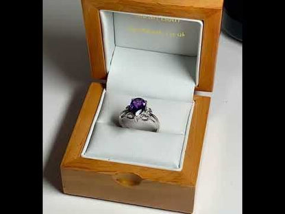 Pear shaped purple amethyst and diamond sterling silver dress ring