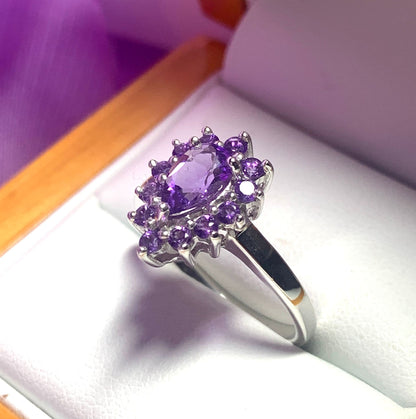 Pear shaped purple amethyst sterling silver cluster dress ring