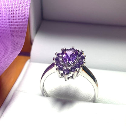 Pear shaped purple amethyst sterling silver cluster dress ring