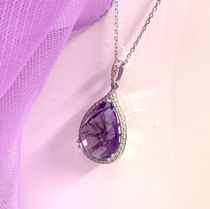 Pear teardrop shaped purple amethyst and diamond white gold necklace pendant