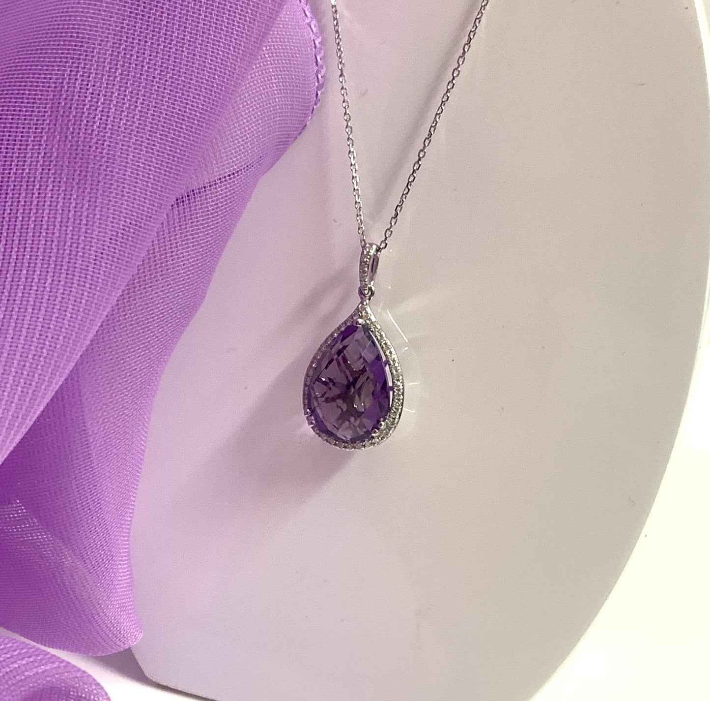 Pear teardrop shaped purple amethyst and diamond white gold necklace pendant