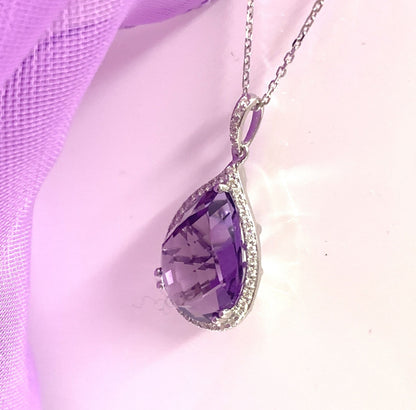 Pear teardrop shaped purple amethyst and diamond white gold necklace pendant