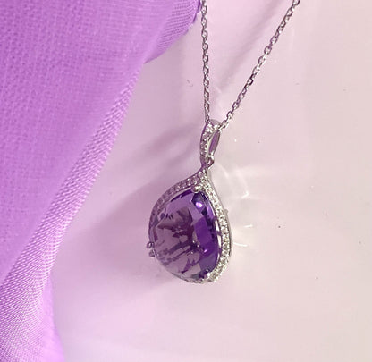 Pear teardrop shaped purple amethyst and diamond white gold necklace pendant