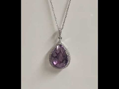 Pear teardrop shaped purple amethyst and diamond white gold necklace pendant