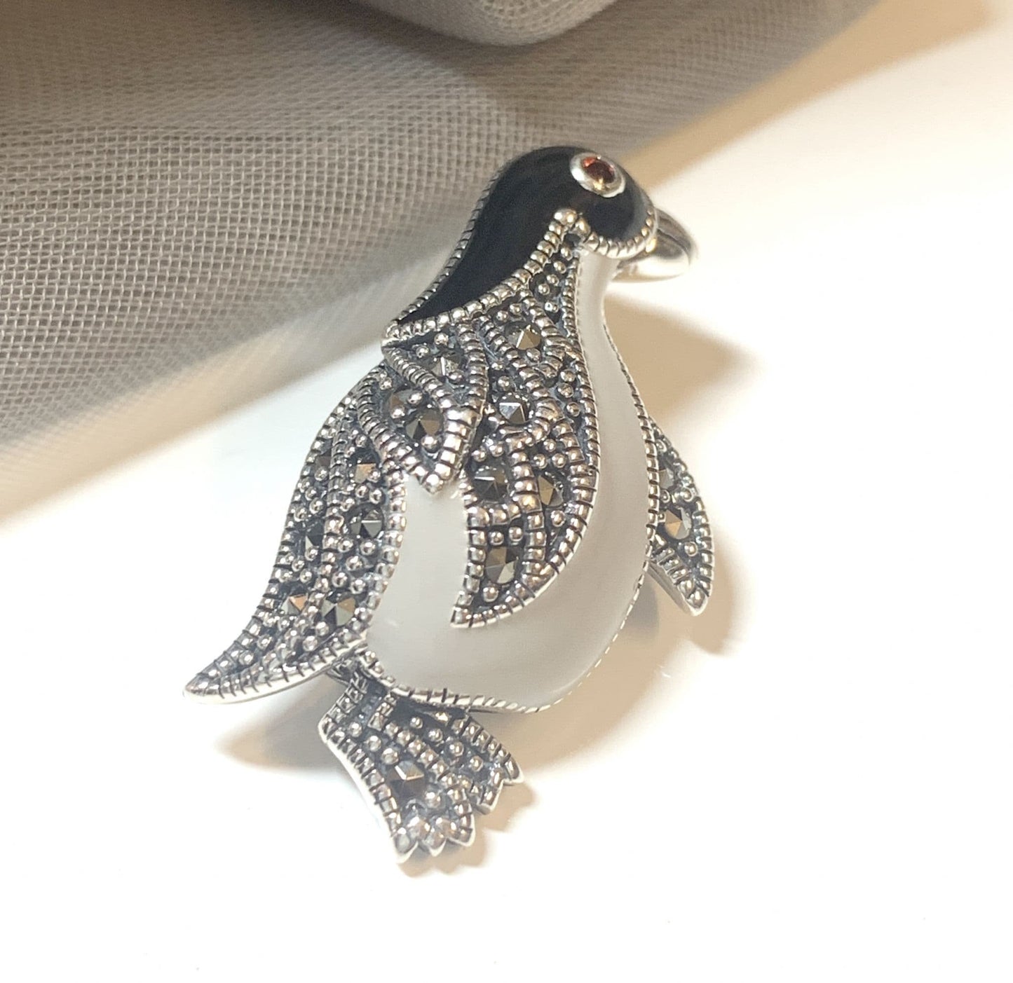 Penguin Brooch Or Necklace Sterling Silver Marcasite And Garnet