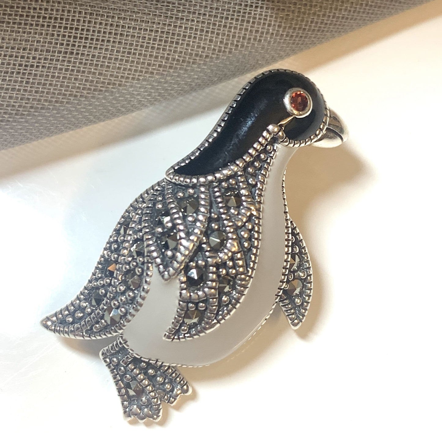 Penguin Brooch Or Necklace Sterling Silver Marcasite And Garnet