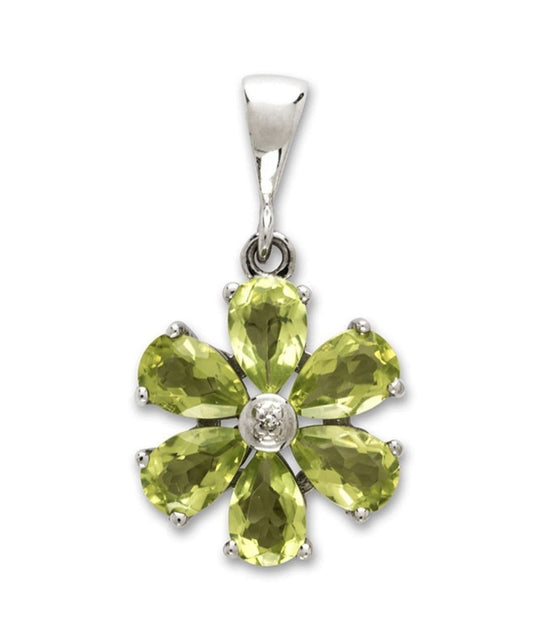 Peridot And Diamond Round Silver Daisy Petal Cluster Necklace