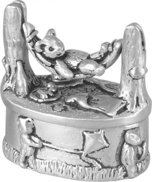 Pewter Teddy Bear On A Hammock First Tooth Box Christening Gift
