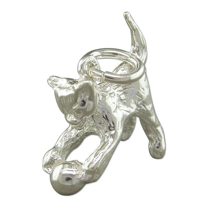 Playful Cat And Ball Charm Sterling Silver