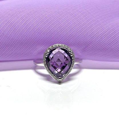 Purple pear teardrop amethyst and diamond white gold cluster ring