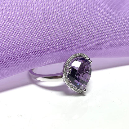 Purple pear teardrop amethyst and diamond white gold cluster ring