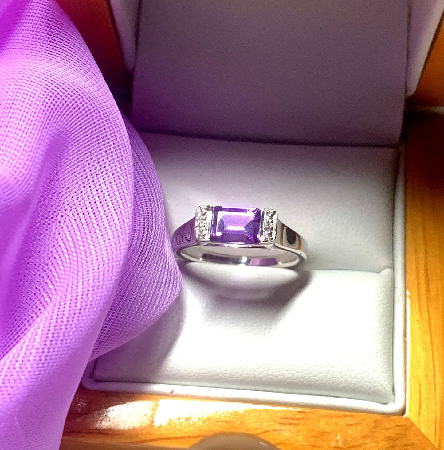 Rectangle amethyst and diamond sterling silver fancy dress cocktail ring