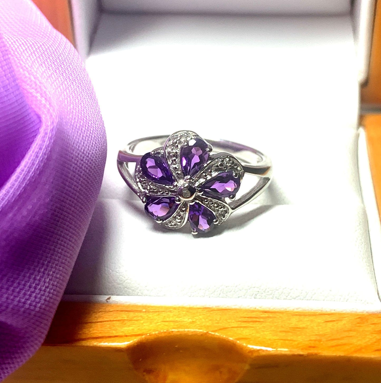 Round purple amethyst and diamond sterling silver fancy dress cocktail ring