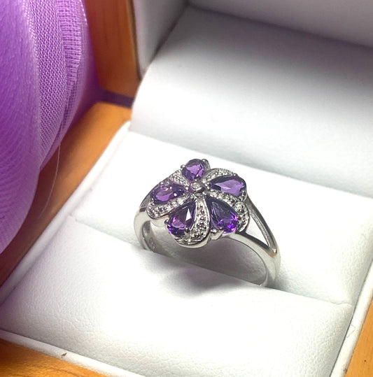 Round purple amethyst and diamond sterling silver fancy dress cocktail ring