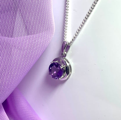 Round purple amethyst and diamond sterling silver necklace