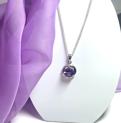 Round purple amethyst and diamond sterling silver necklace