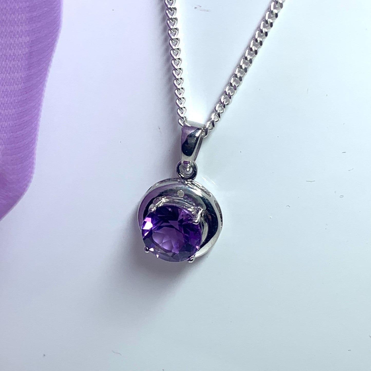 Round purple amethyst and diamond sterling silver necklace