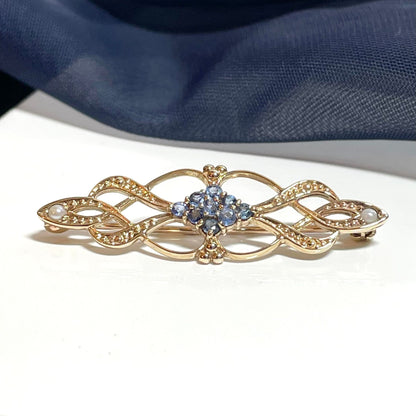 Sapphire and Cultured Pearl Brooch Gold