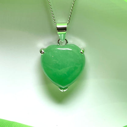 Silver Heart Shaped Green Jade Necklace