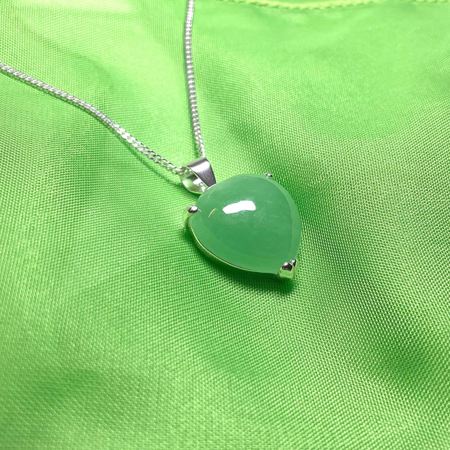 Silver Heart Shaped Green Jade Necklace