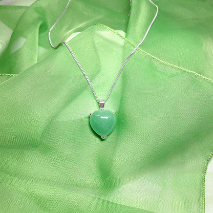 Silver Heart Shaped Green Jade Necklace