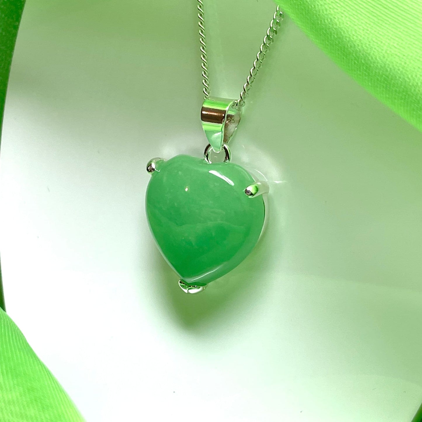 Silver Heart Shaped Green Jade Necklace