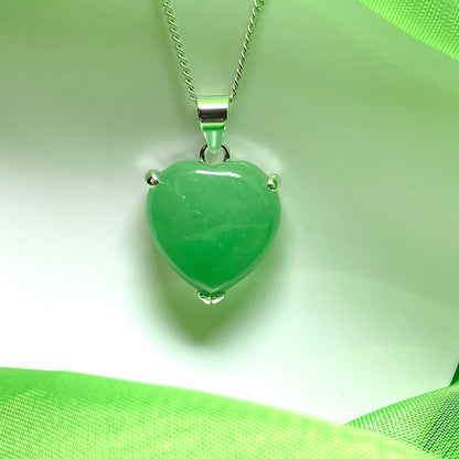 Silver Heart Shaped Green Jade Necklace