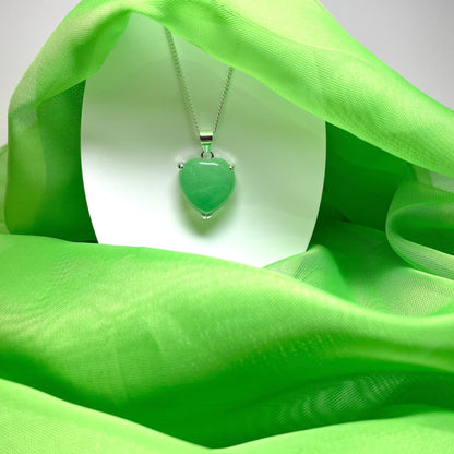 Silver Heart Shaped Green Jade Necklace