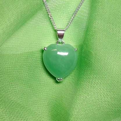 Silver Heart Shaped Green Jade Necklace