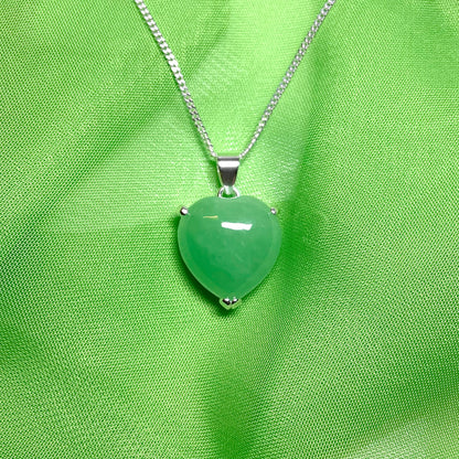 Silver Heart Shaped Green Jade Necklace