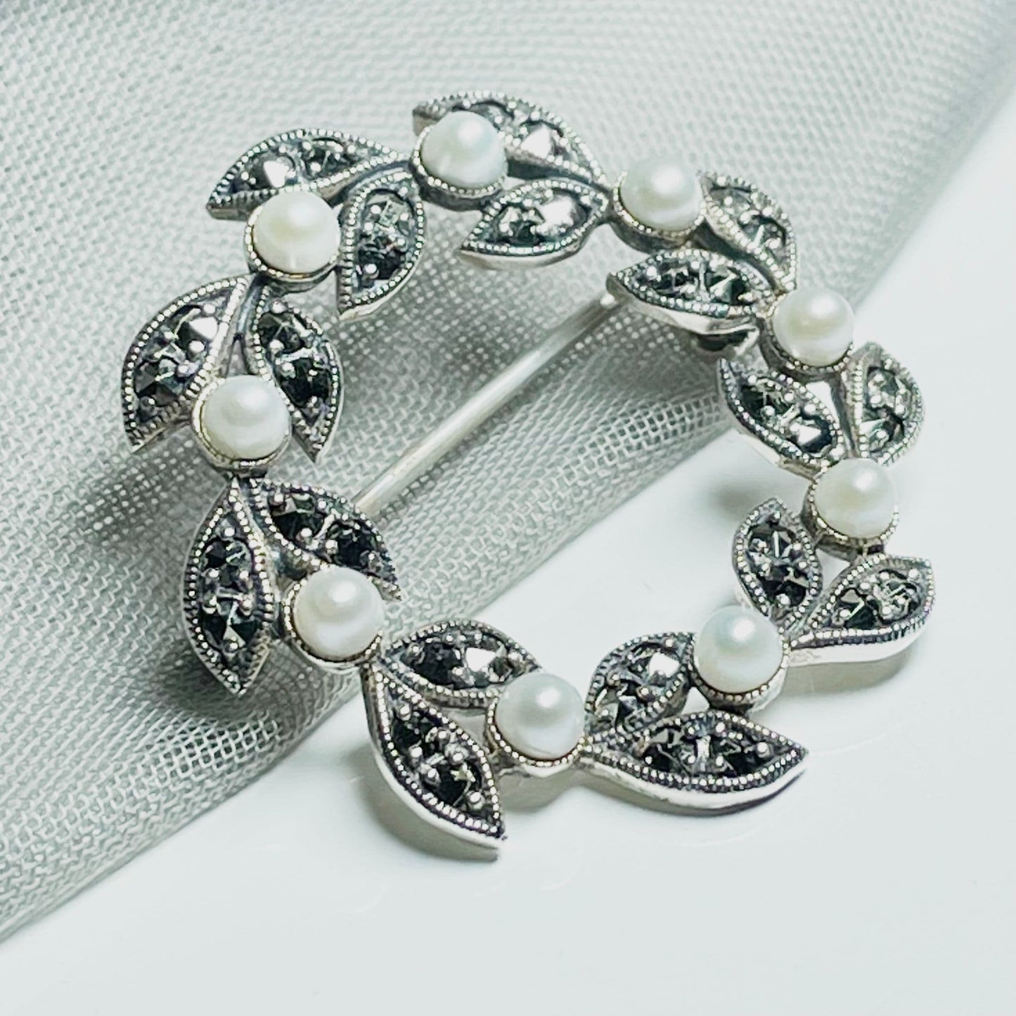 Sterling Silver Pearl And Marcasite Brooch