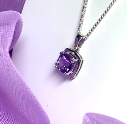 Square purple amethyst and diamond sterling silver necklace