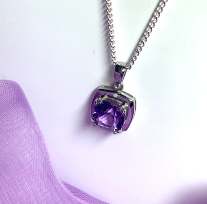 Square purple amethyst and diamond sterling silver necklace