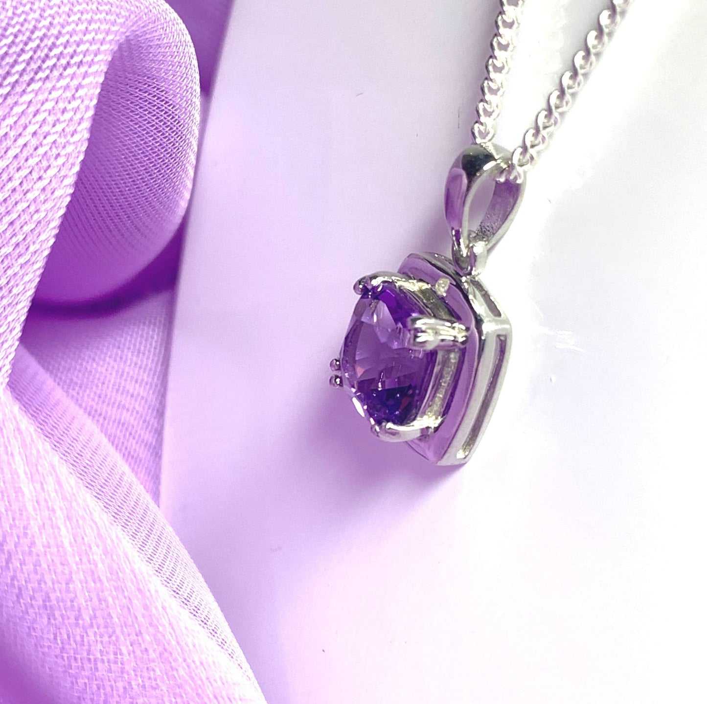 Square purple amethyst and diamond sterling silver necklace